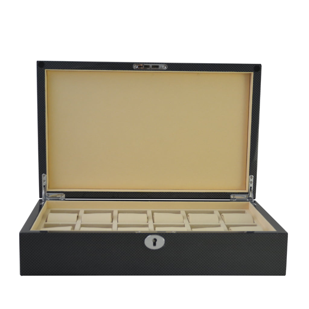 Carbon fiber watch storage case with organized compartments