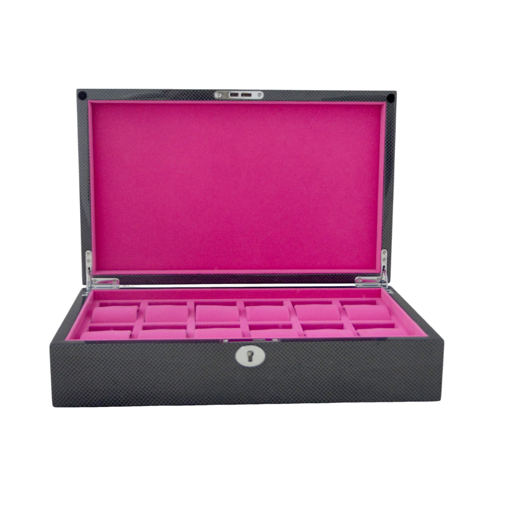 12 watch case with pink velvet interior and individual watch compartments