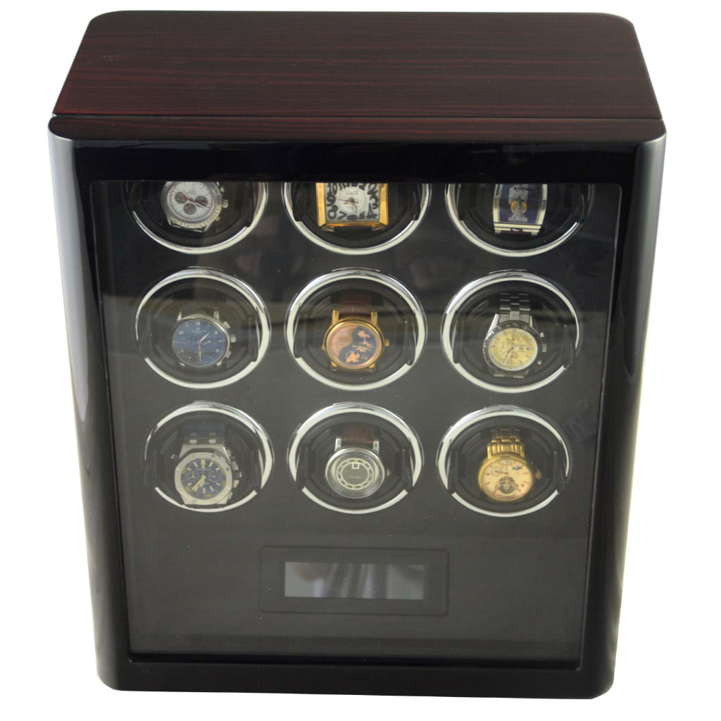 9 watch winder with ebony top, black high-gloss cabinet and closed tempered glass display door