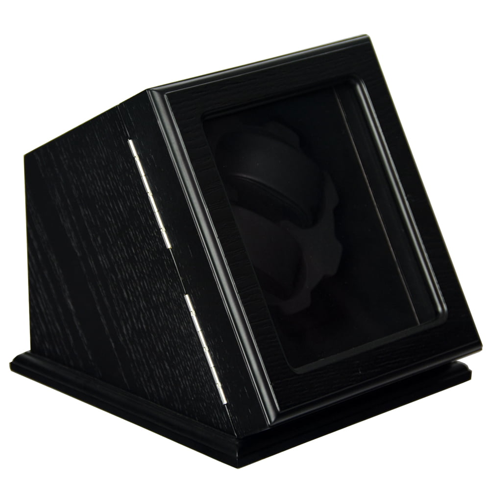 Black wood watch winder safe angled view with tempered glass panel