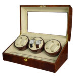 Japanese Mabuchi watch winder angle side with beige PU leather interior