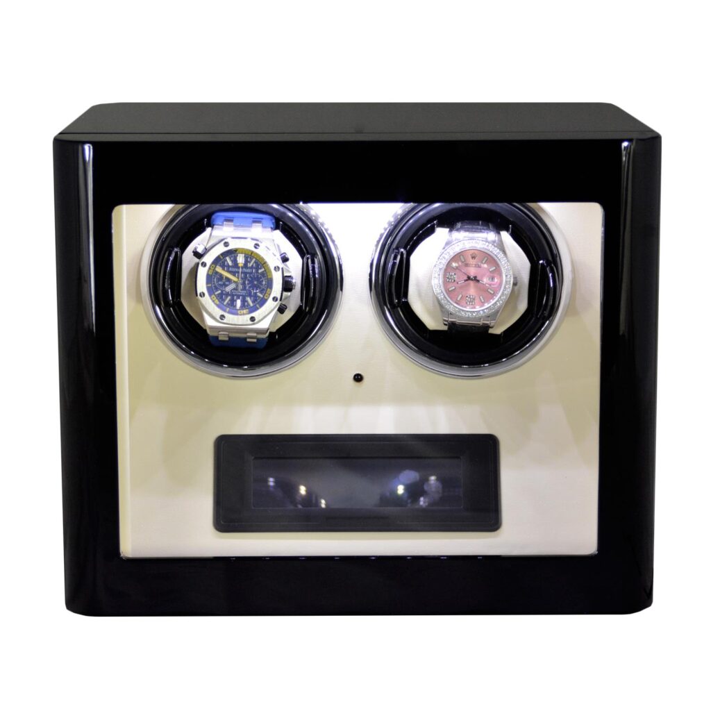 Luxury watch winder case front with LED light and door sensor