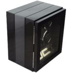 Side view of 4 watch winder with carbon fibre exterior panel and tempered glass display window