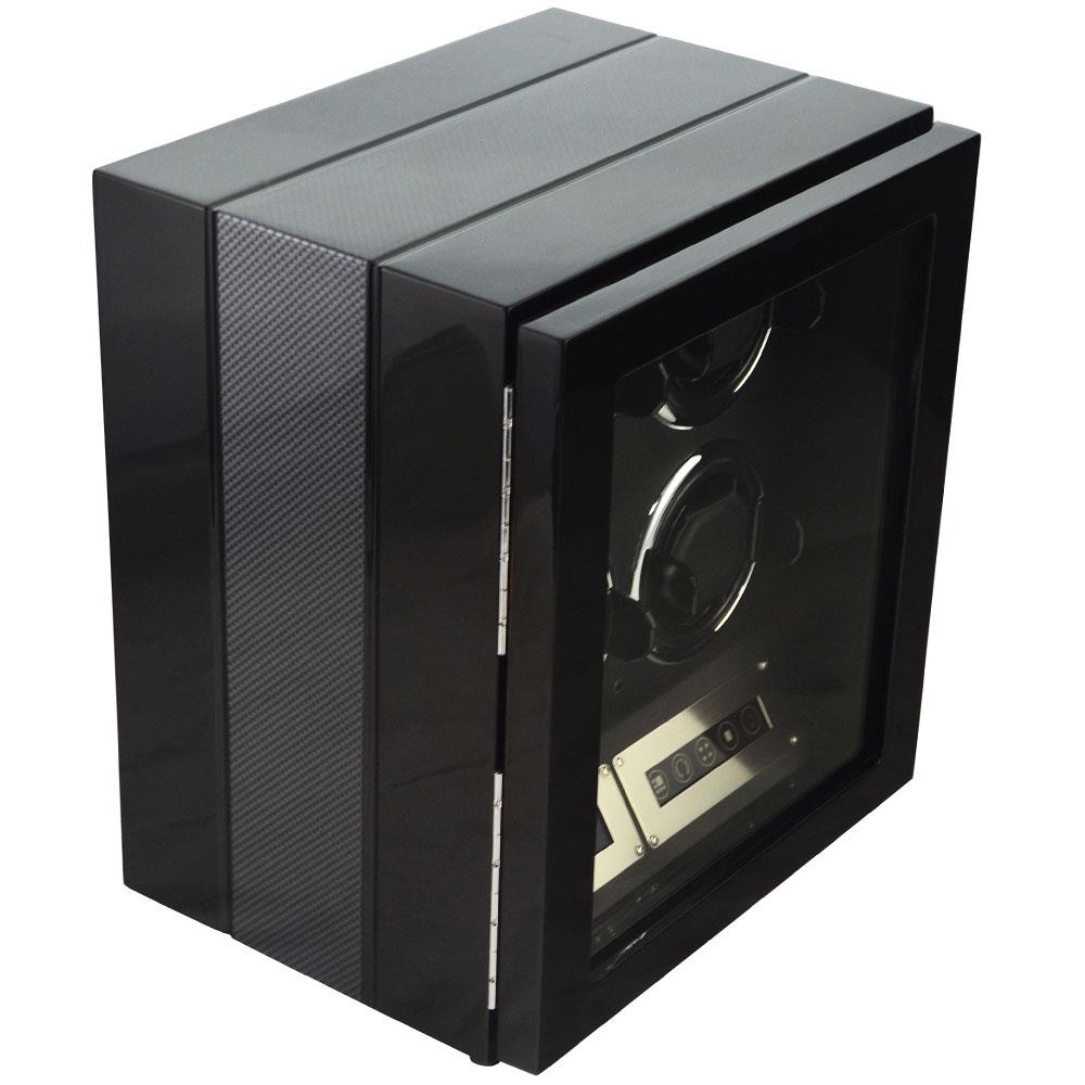 Side view of 4 watch winder with carbon fibre exterior panel and tempered glass display window
