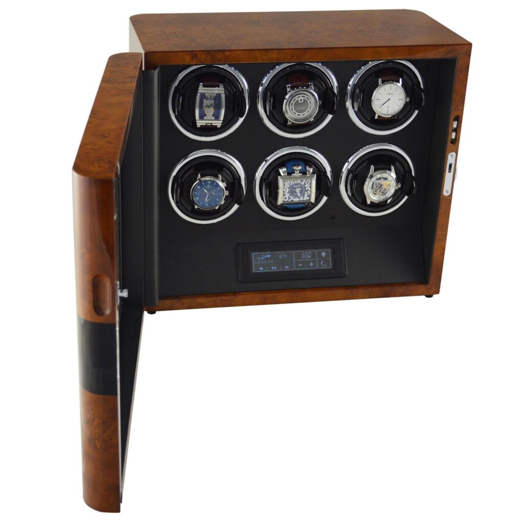 Sextuple Watch Winder open with black PU leather interior