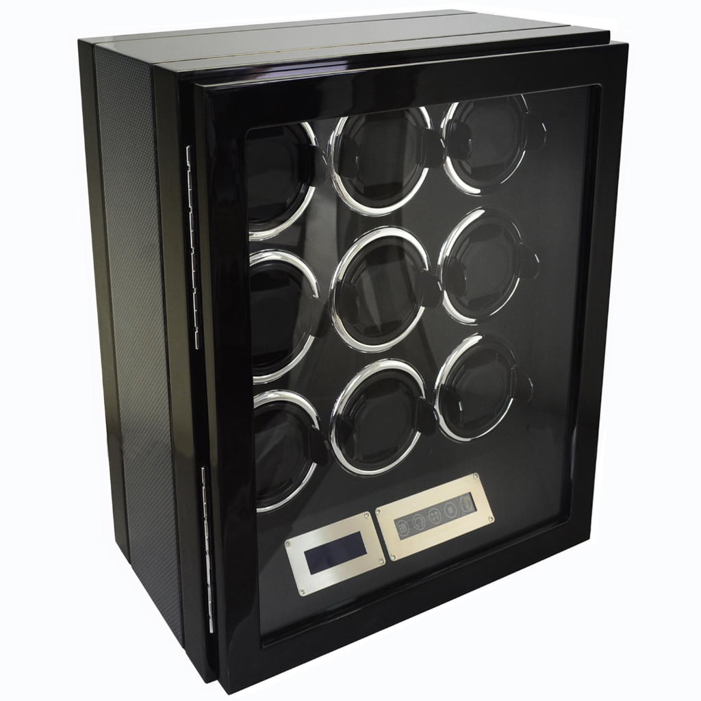 Front view of 9 watch winder with tempered glass window and carbon fiber exterior