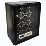 Front view of 9 watch winder with tempered glass window and carbon fiber exterior