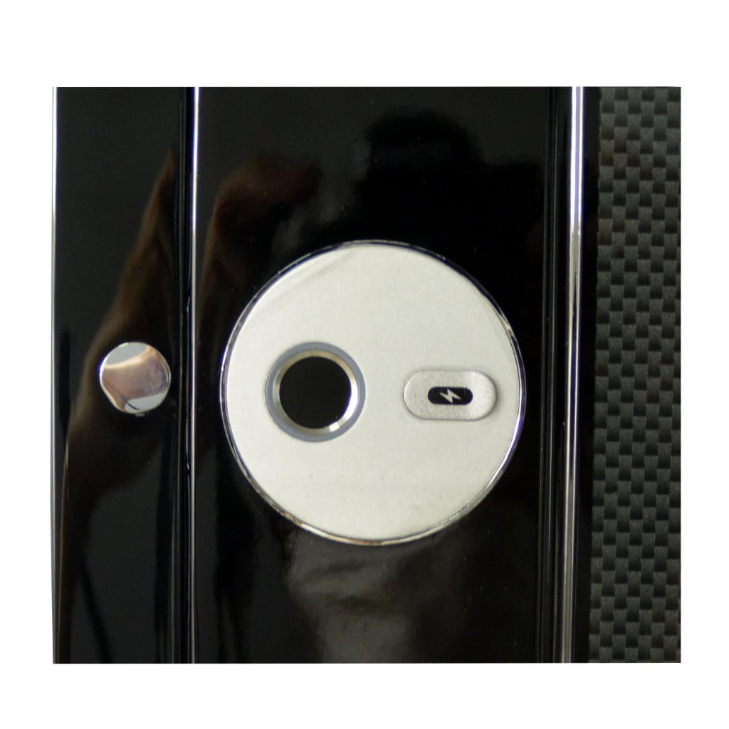 12 watch winder fingerprint lock close-up beside carbon fibre-style exterior panel
