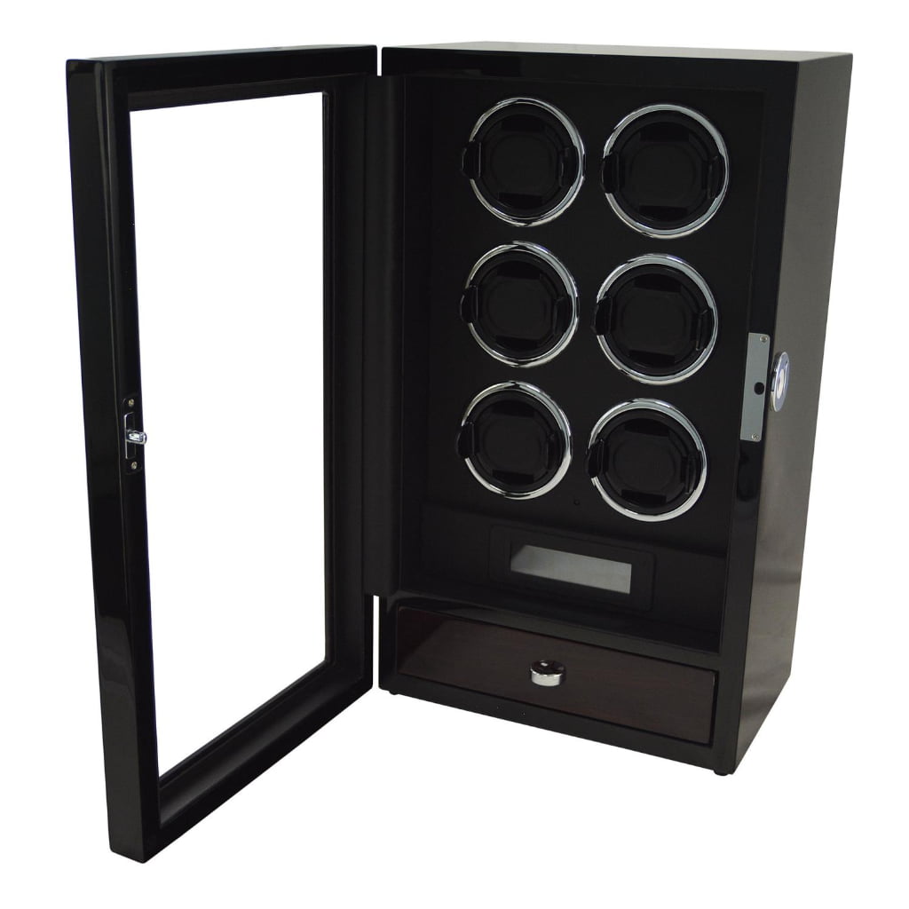 Black 6 watch winder with open tempered glass door, six winding positions and lower storage drawer