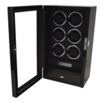 Black 6 watch winder with open tempered glass door, six winding positions and lower storage drawer