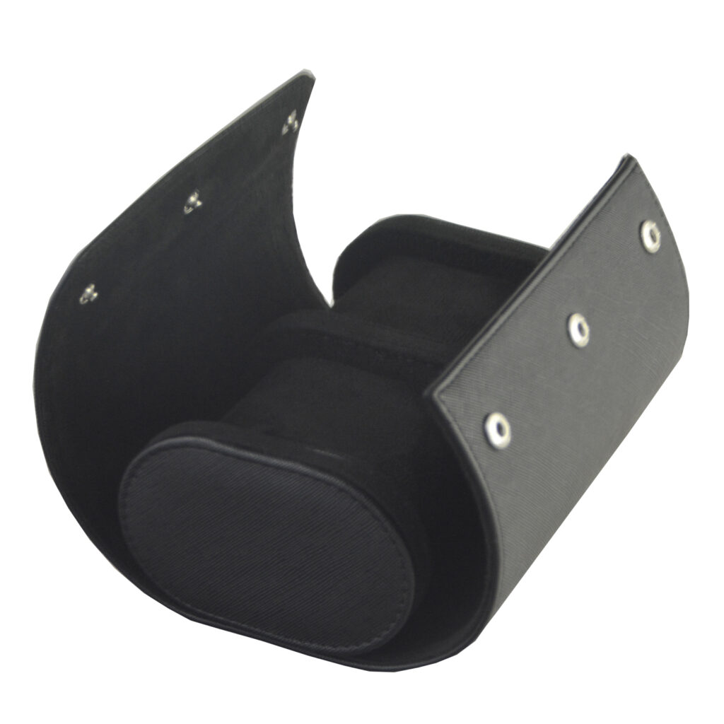 Open black 2 watch travel case with velvet-lined interior and two watch cushions