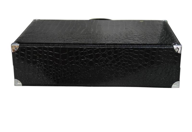 Closed black PU leather watch collection case with crocodile grain exterior
