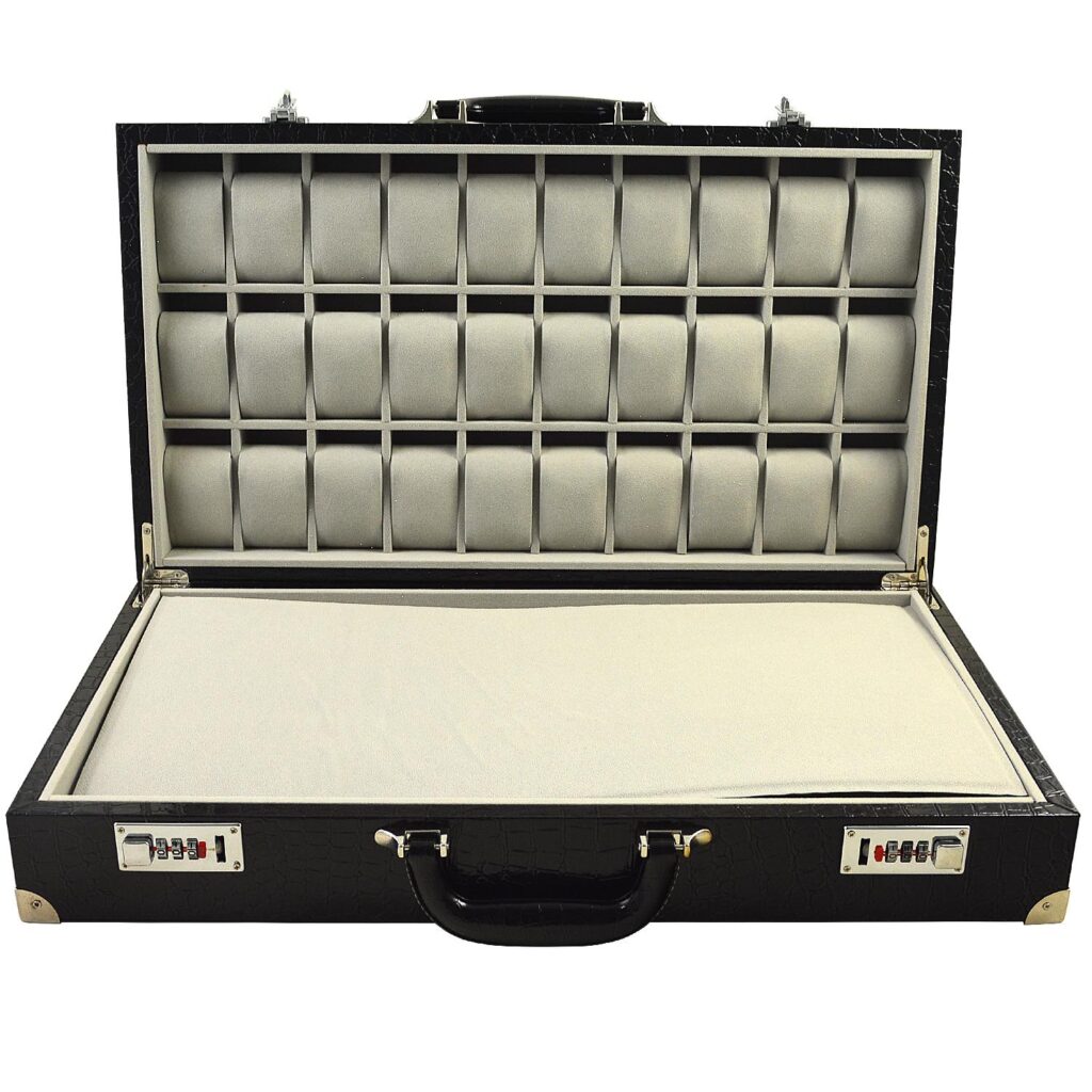 Open watch display case with multiple compartments and apricot velvet interior
