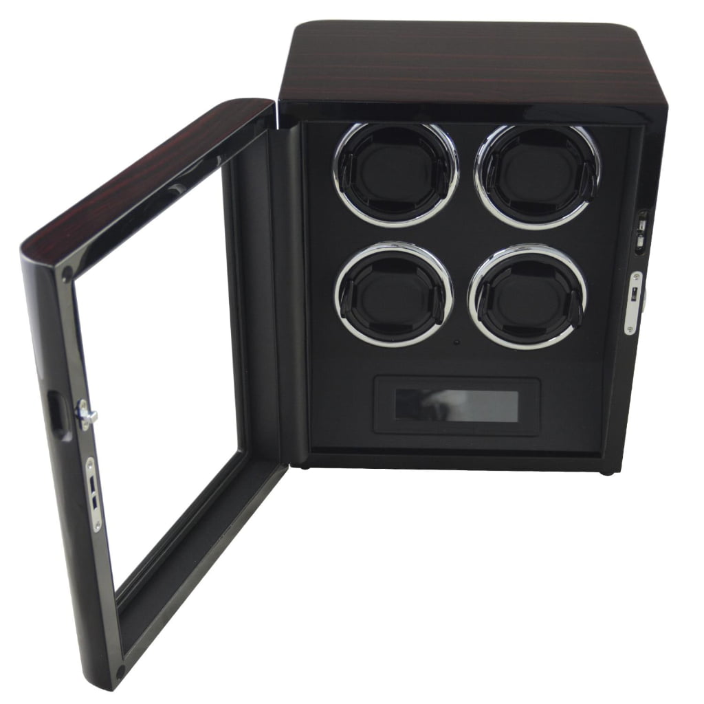 Open 4 watch winder with four watches, black interior and LED lighting