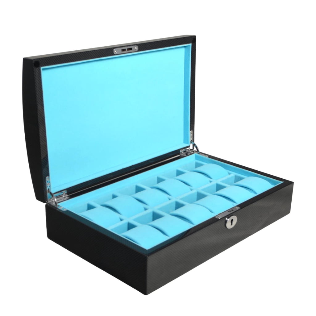 12 watch display case with Tiffany blue velvet interior and compartments