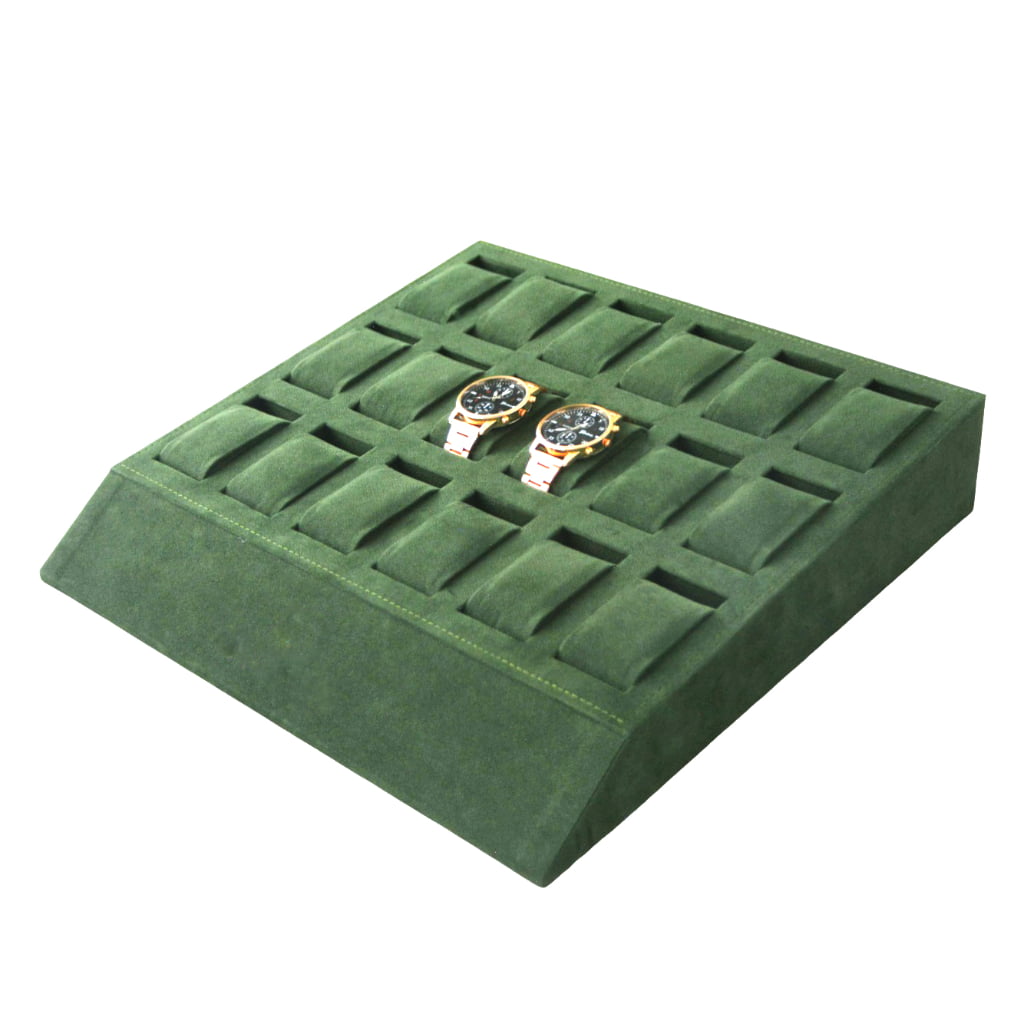 Luxury green velvet watch display tray with 18 positions