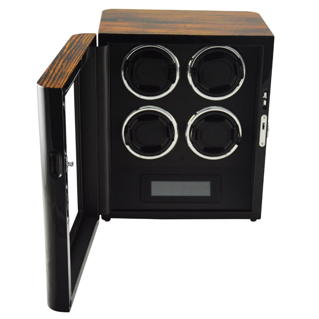Open 4 watch winder with zebra stripe finish, four winding positions and black interior