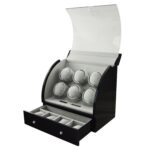 12 o'clock return watch winder display case with winding positions and storage compartments