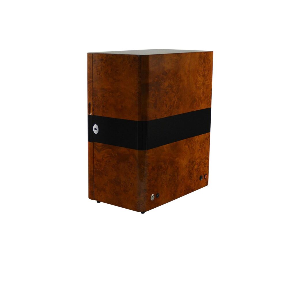 9 watch winder side view showing high-gloss dark yellow cabinet and contrasting black center band