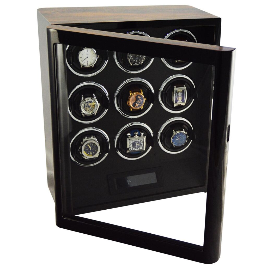 9 watch winder with open tempered glass door, zebra stripe finish and nine watch positions