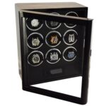 9 watch winder with open tempered glass door, zebra stripe finish and nine watch positions