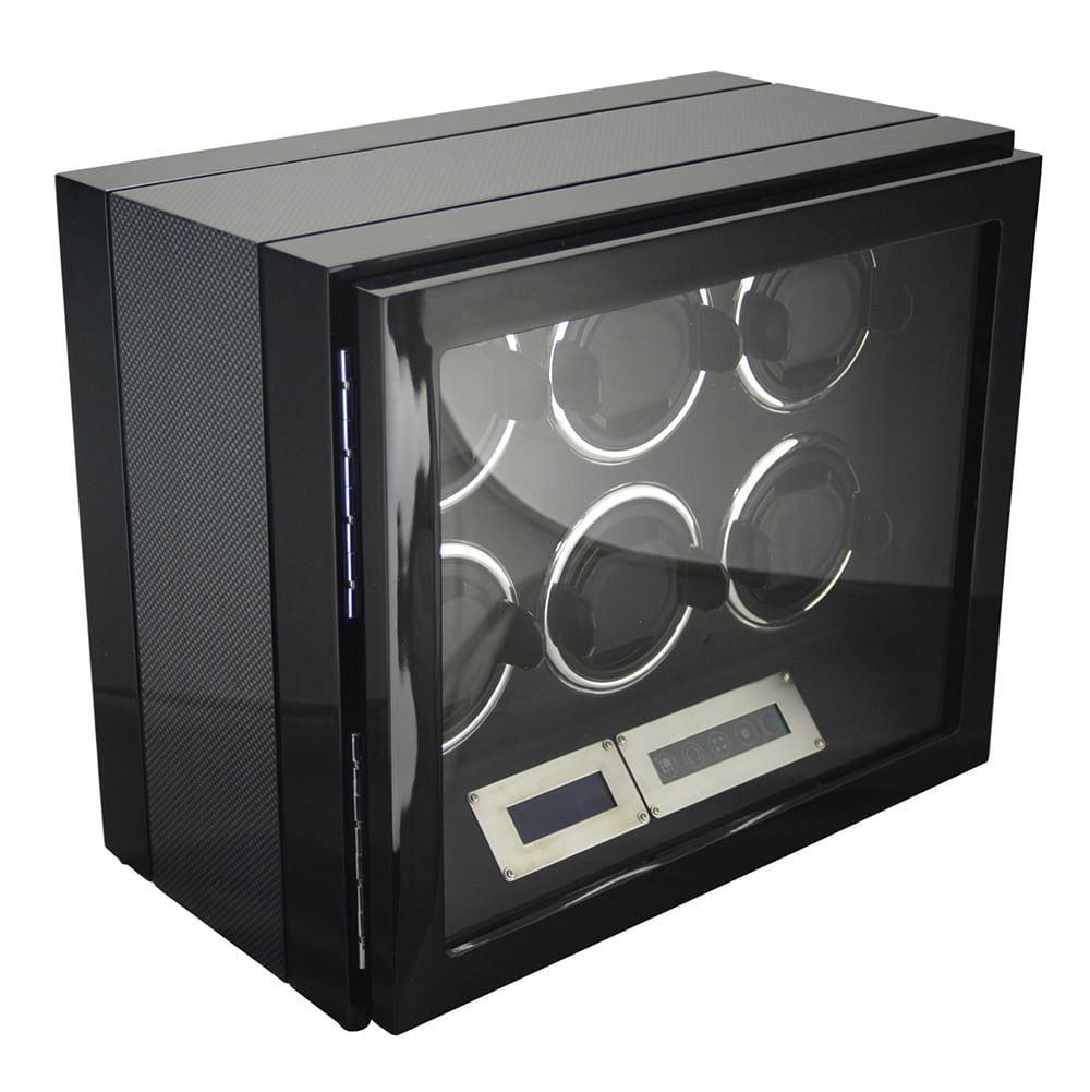 6 watch winder with carbon fiber finish, tempered glass window and six winding positions