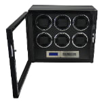 Open 6 watch winder showing six winding positions, black interior and touchscreen controls