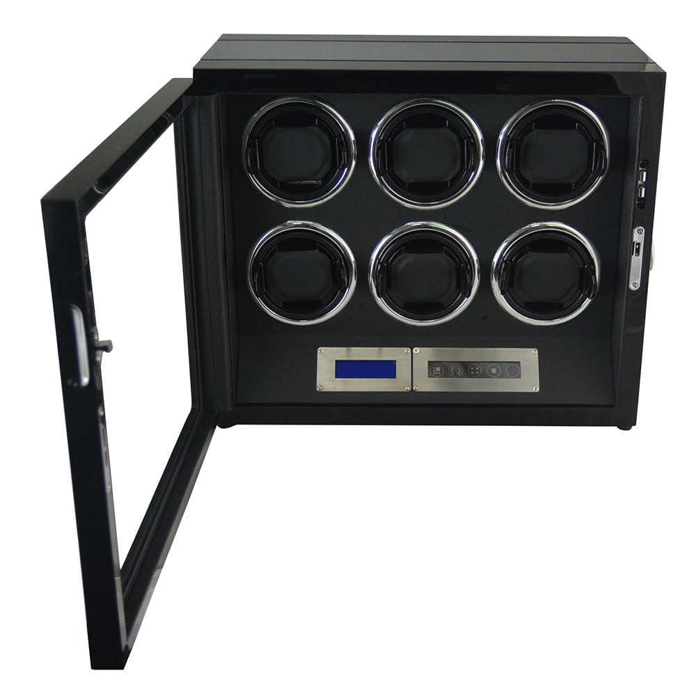 Open 6 watch winder showing six winding positions, black interior and touchscreen controls