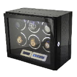 6 watch winder displaying six watches behind tempered glass with illuminated touchscreen controls
