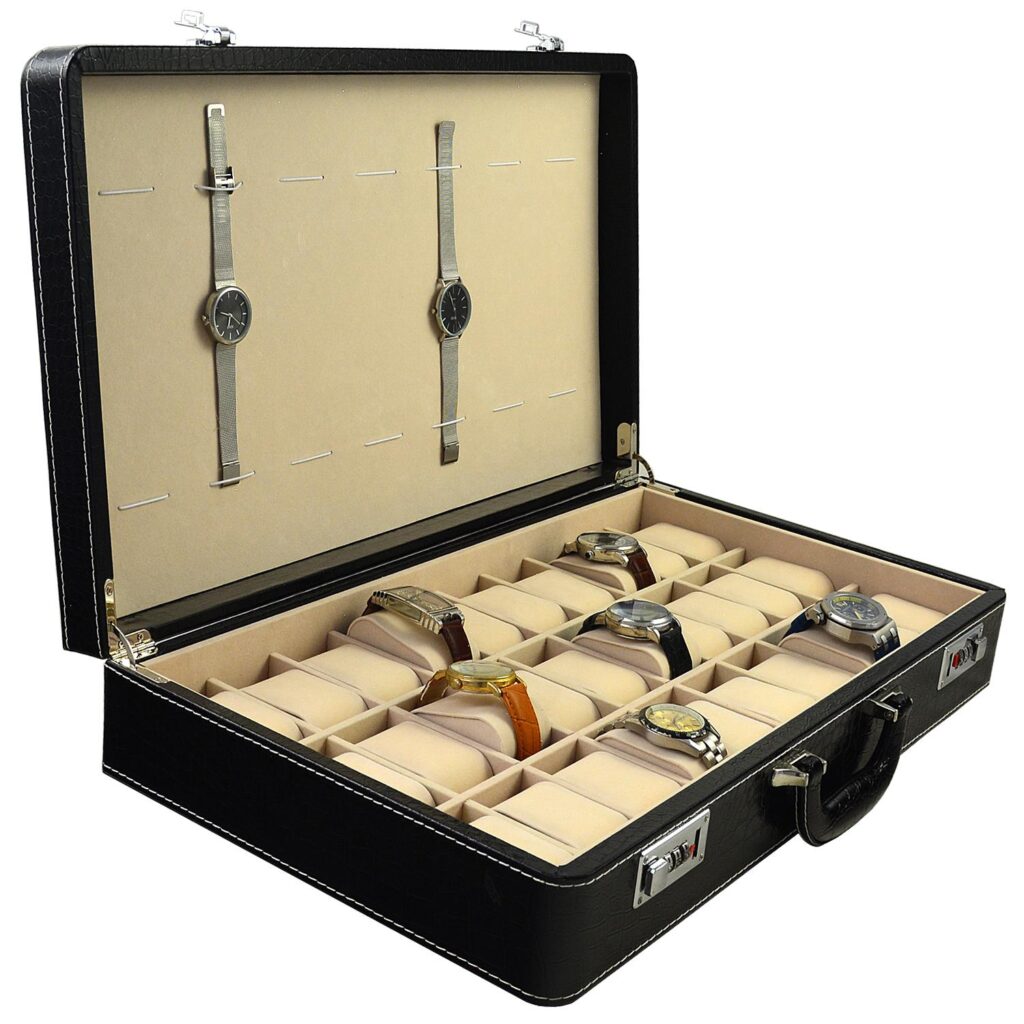 Open PU leather watch case displaying watches in individual velvet compartments