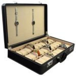 Open PU leather watch case displaying watches in individual velvet compartments