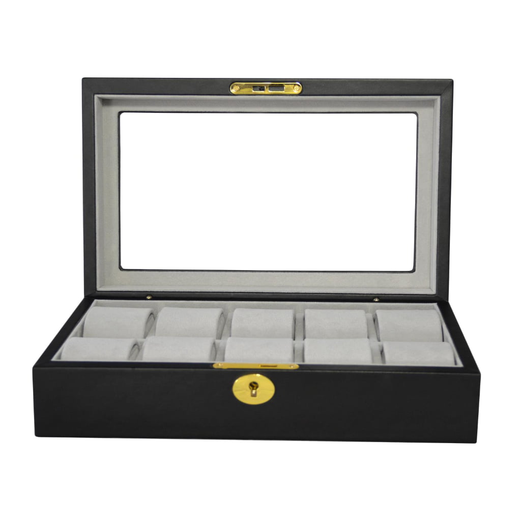 Open 10 slot watch storage box with grey velvet interior and watch cushions
