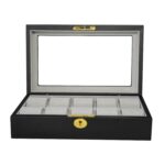 Open 10 slot watch storage box with grey velvet interior and watch cushions