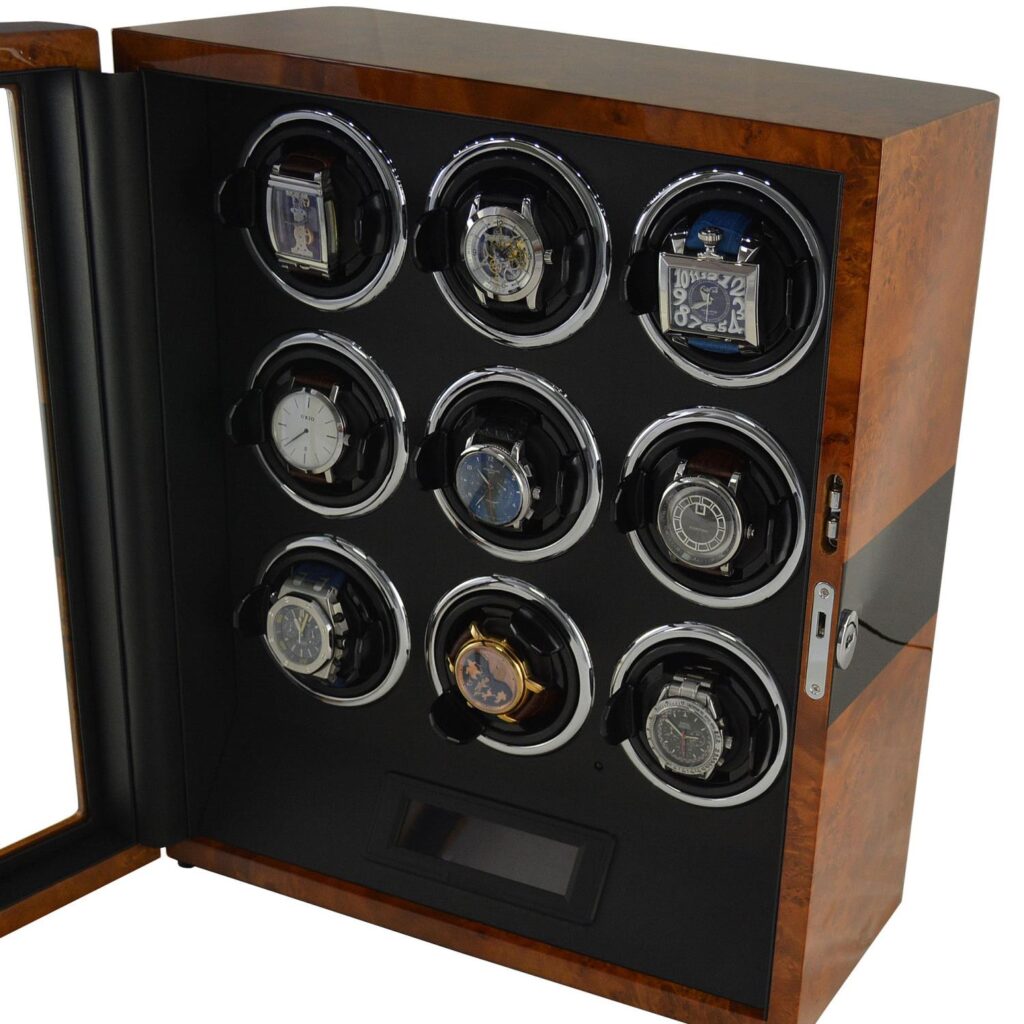 Open 9 watch winder with nine winding positions, black interior and touchscreen control panel