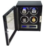 Open 4 watch winder with four watches, black interior and illuminated touchscreen controls