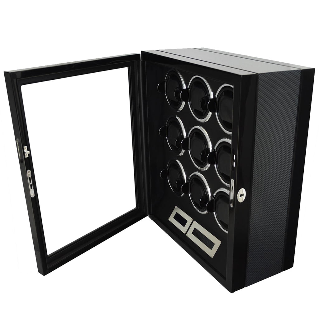 9 watch winder open door view with carbon fiber side panel and display interior
