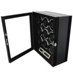 9 watch winder open door view with carbon fiber side panel and display interior