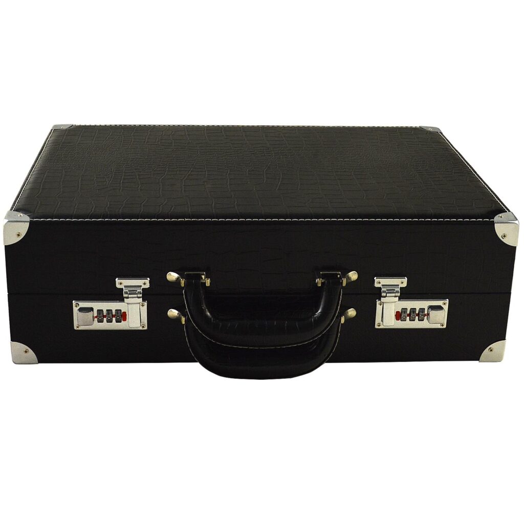 Angled view of black PU leather watch storage case with crocodile grain finish