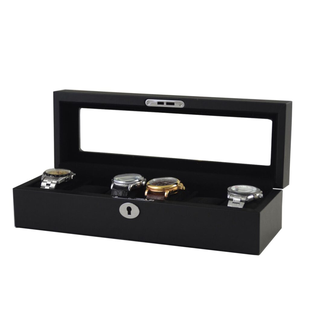 Black 6 watch storage case front view with hardware lock