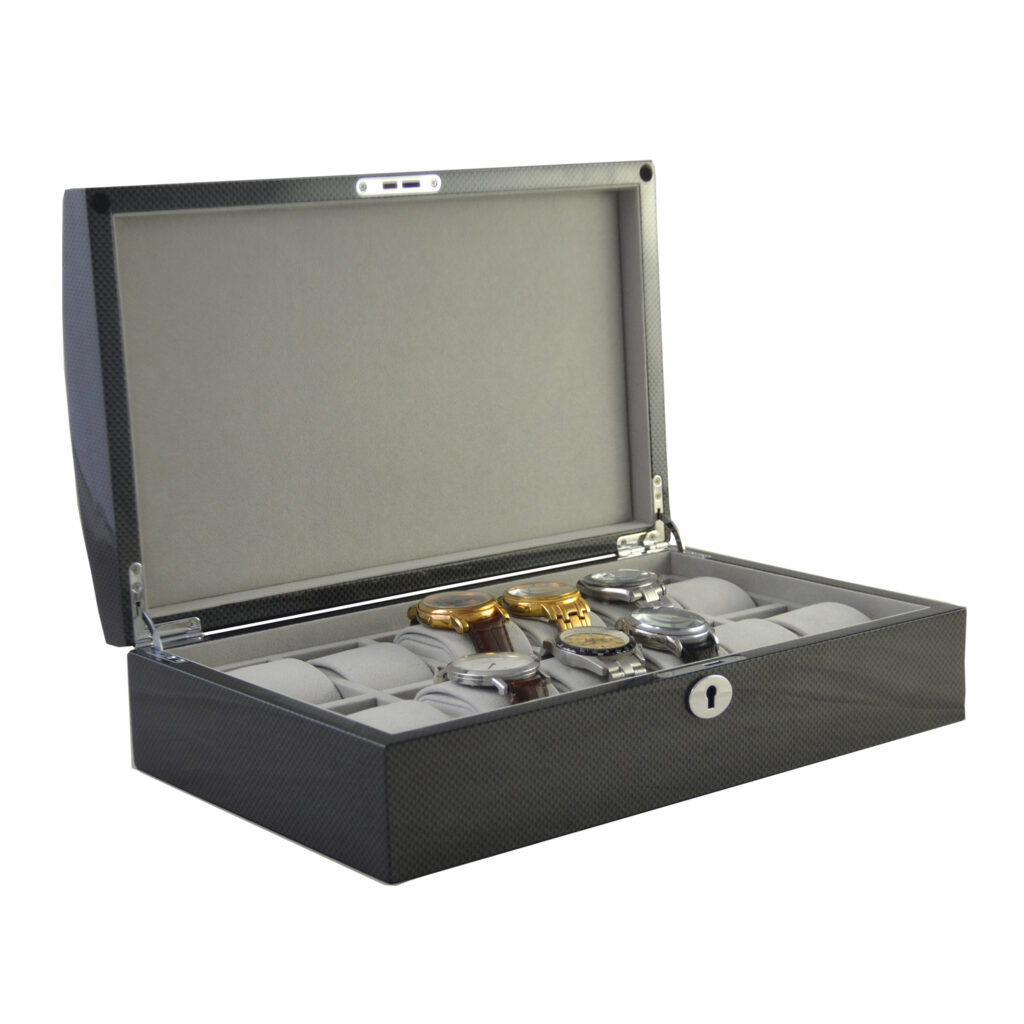 Luxury watch case with carbon fiber exterior finish