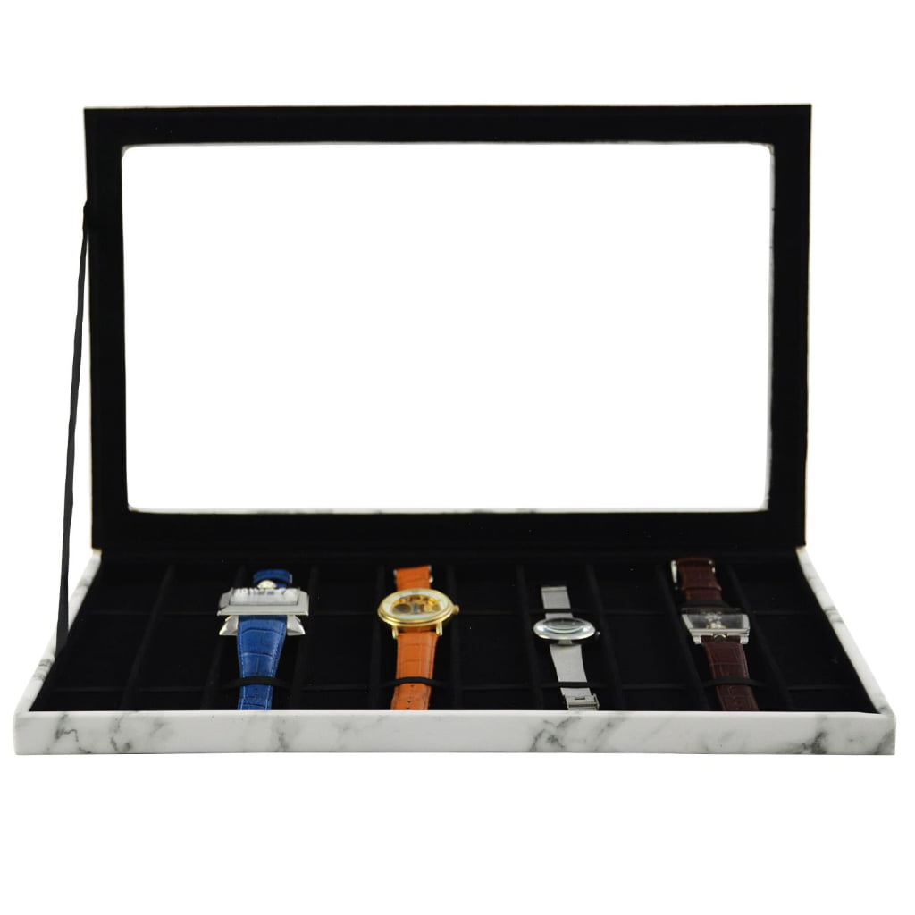 10 watch display case showing watches on black velvet holders