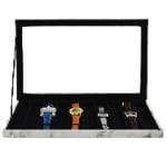 10 watch display case showing watches on black velvet holders