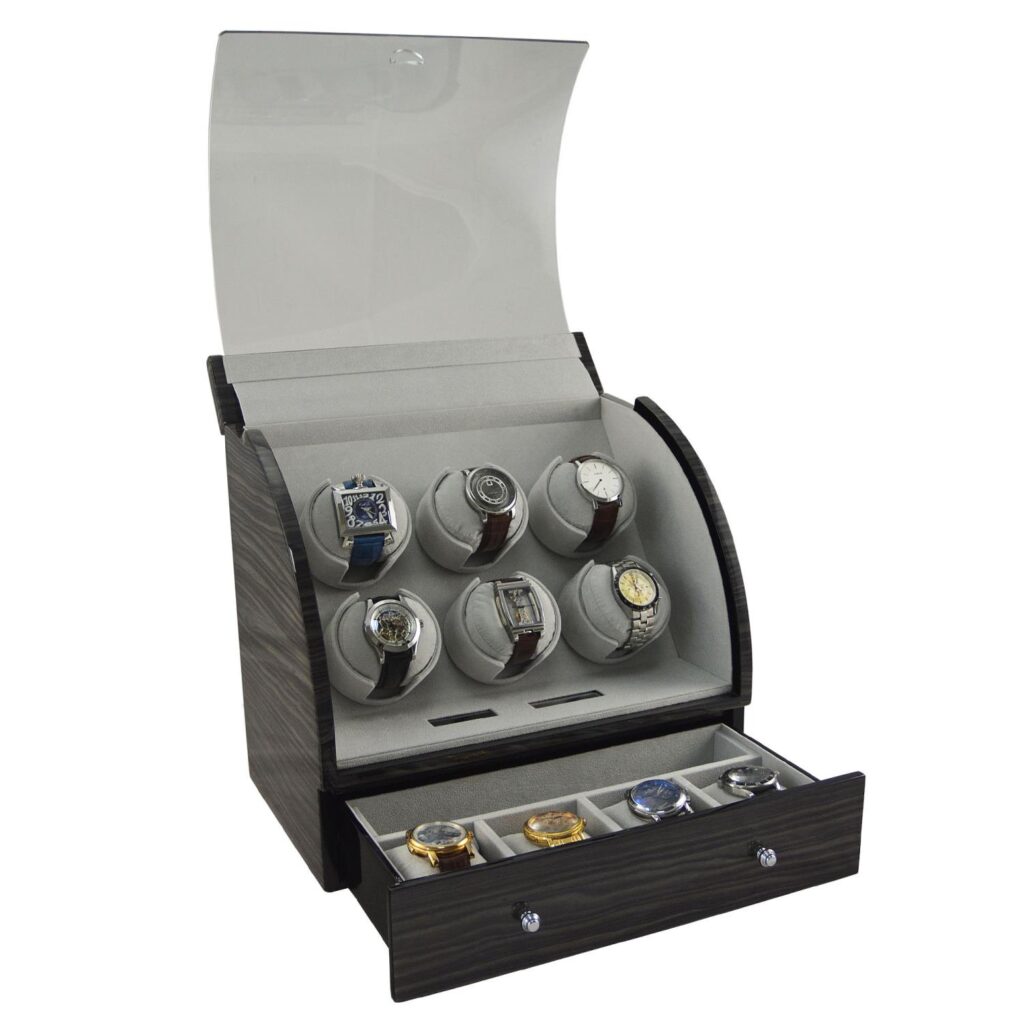 Oak automatic watch winder interior with storage drawer and watch holders