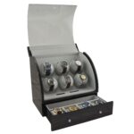 Oak automatic watch winder interior with storage drawer and watch holders