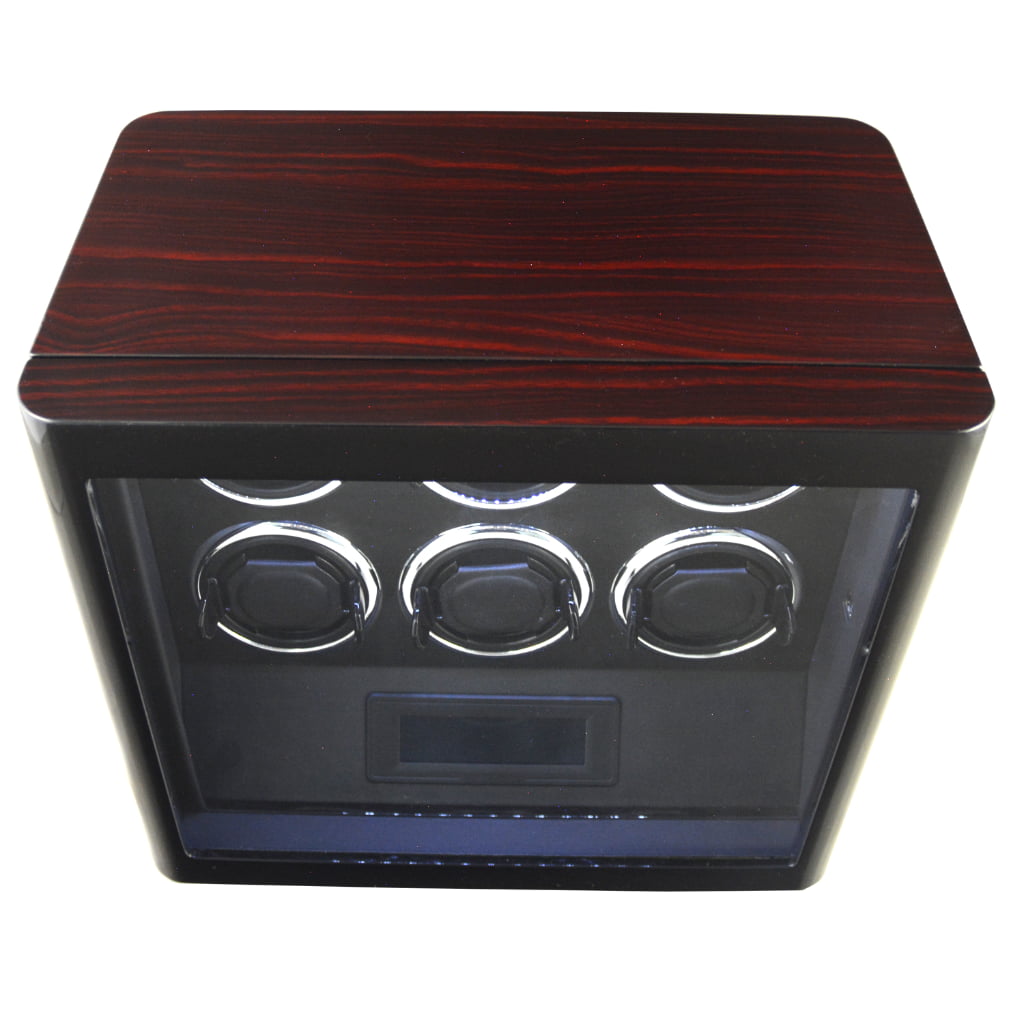 Ebony finish watch winder with high-gloss top panel and glass display window