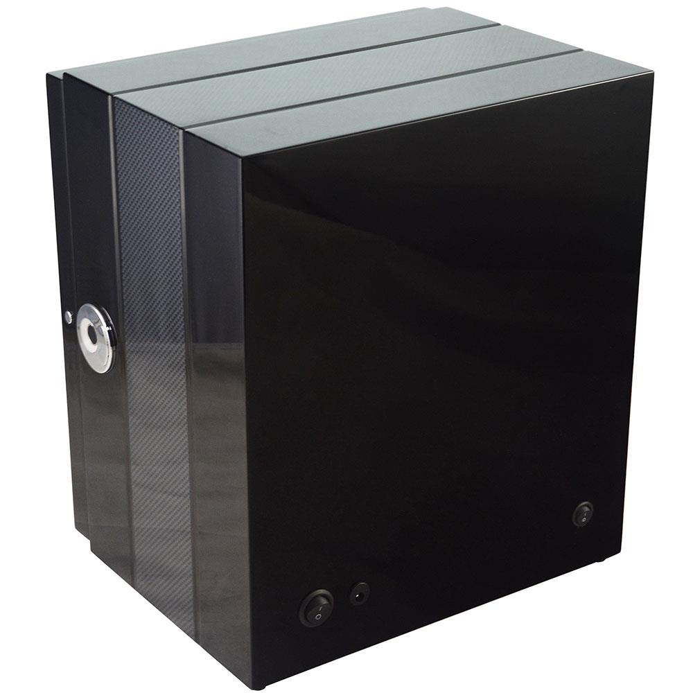 Rear view of 4 watch winder with high-gloss black cabinet and carbon fibre side panel