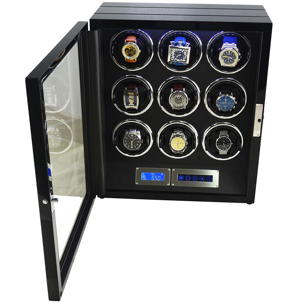 9 watch winder with open tempered glass door, nine watches and touchscreen control panel