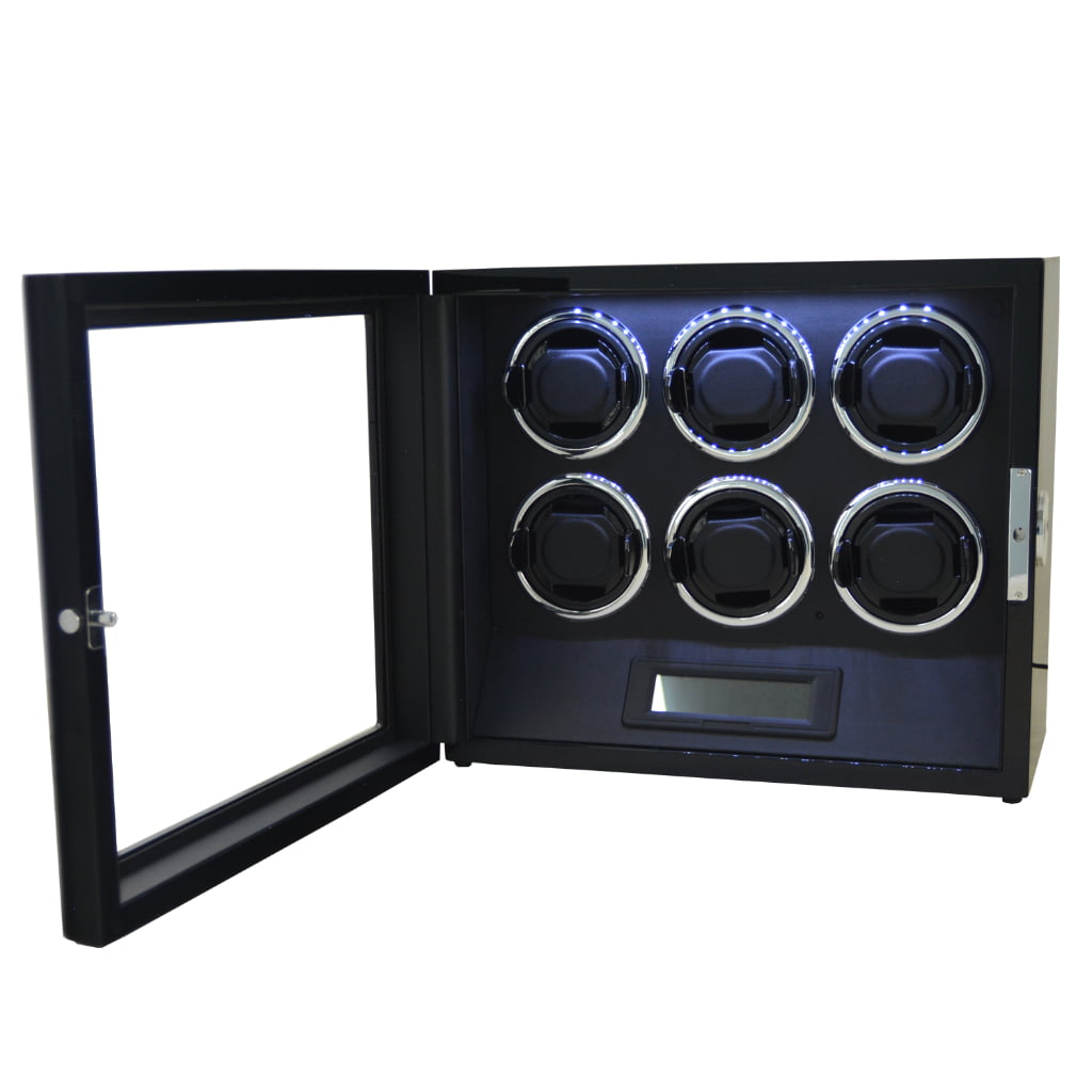 Six position watch winder open cabinet with black interior and watch holders