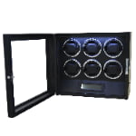 Six position watch winder open cabinet with black interior and watch holders