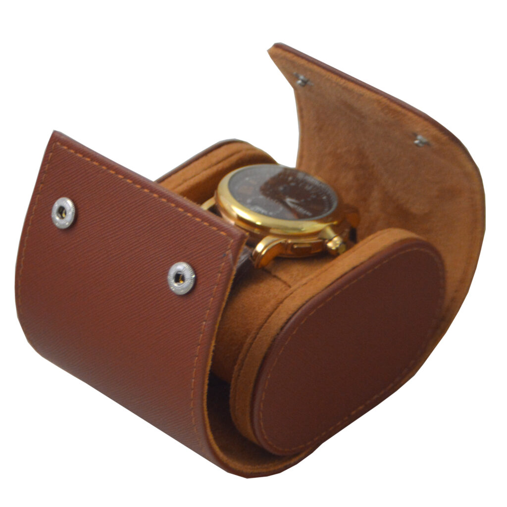 Open brown PU leather watch travel box holding one watch on the cushion